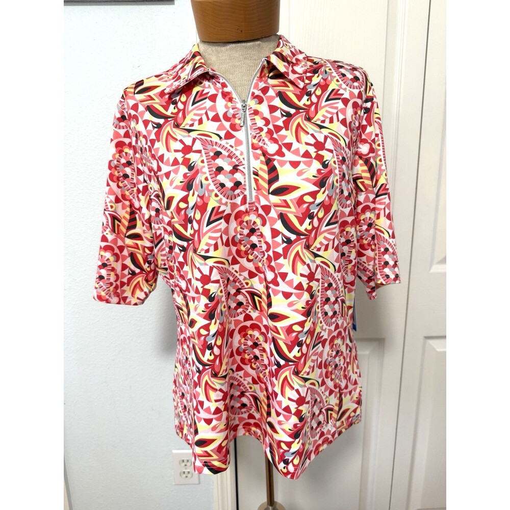 NWT Womans Sz L GGBlue Lux Sport Pink Paisley Zip neck Golf Shirt Short Sleeve